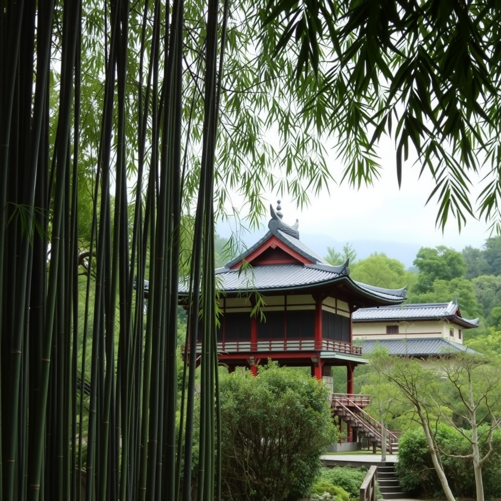 A traditional Japanese building surrounded by bamboo and greenery in Kyoto