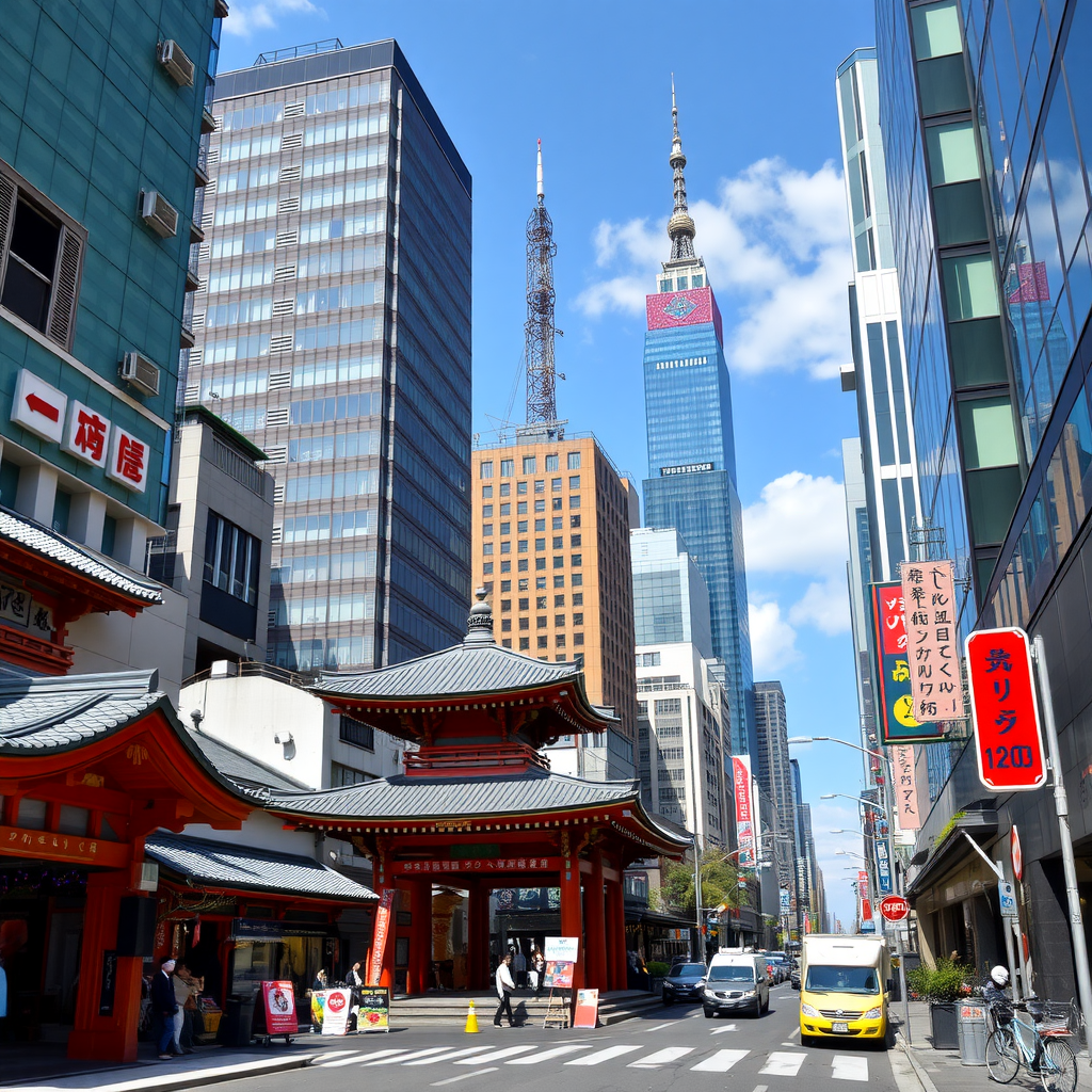 A view of a traditional temple gate in Tokyo with modern skyscrapers in the background.