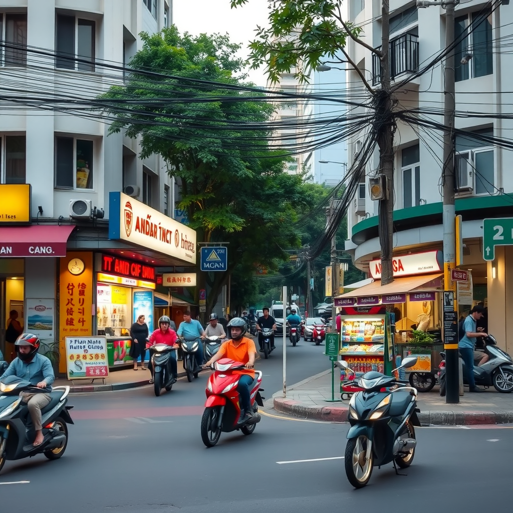 A busy street in Saigon with motorcycles and local shops.