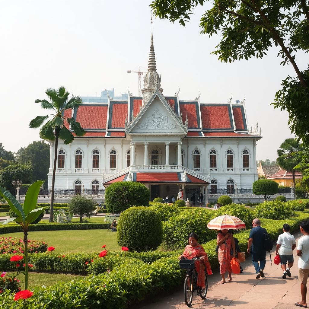 A beautiful historical building in Phnom Penh, Cambodia, surrounded by lush greenery and flowers.