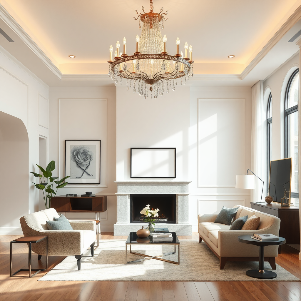 A stylish living room featuring a stunning chandelier and modern furniture.