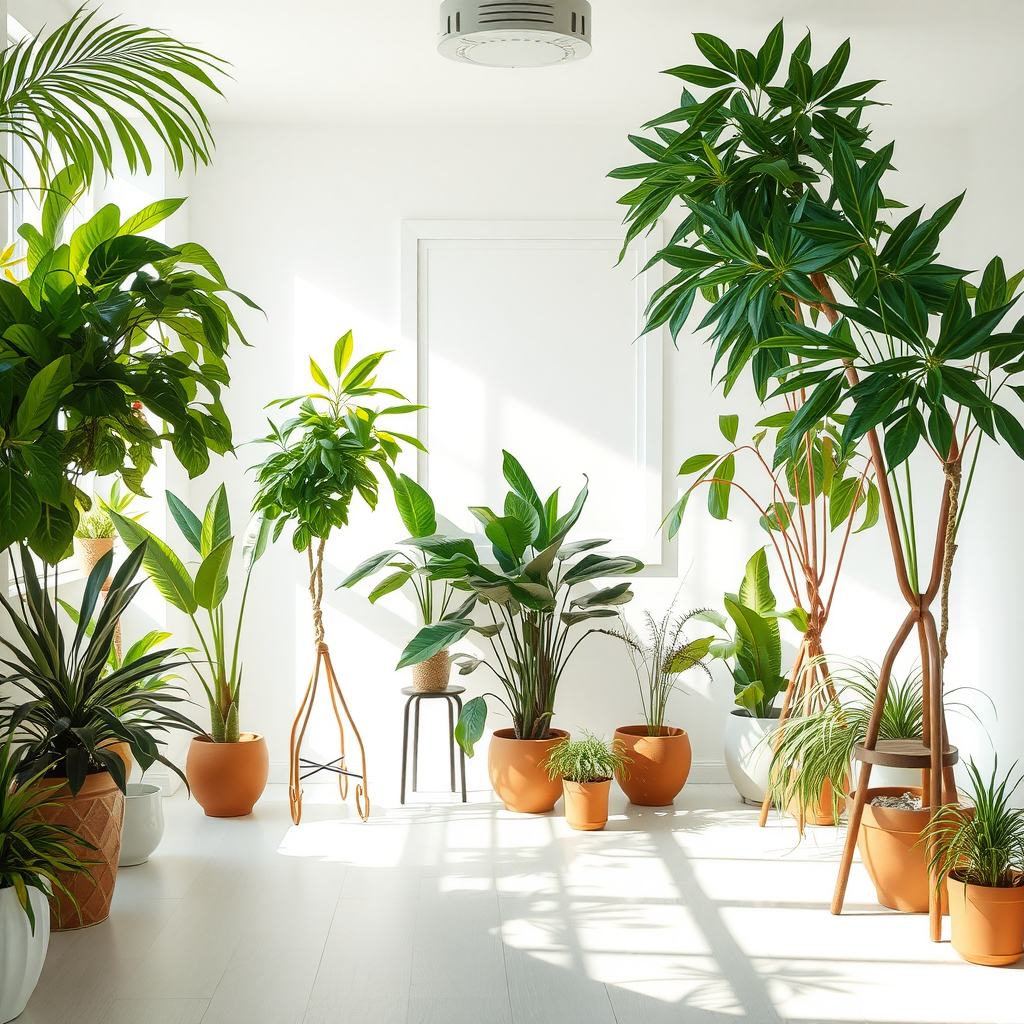 Bright and airy room filled with various indoor plants in stylish pots.