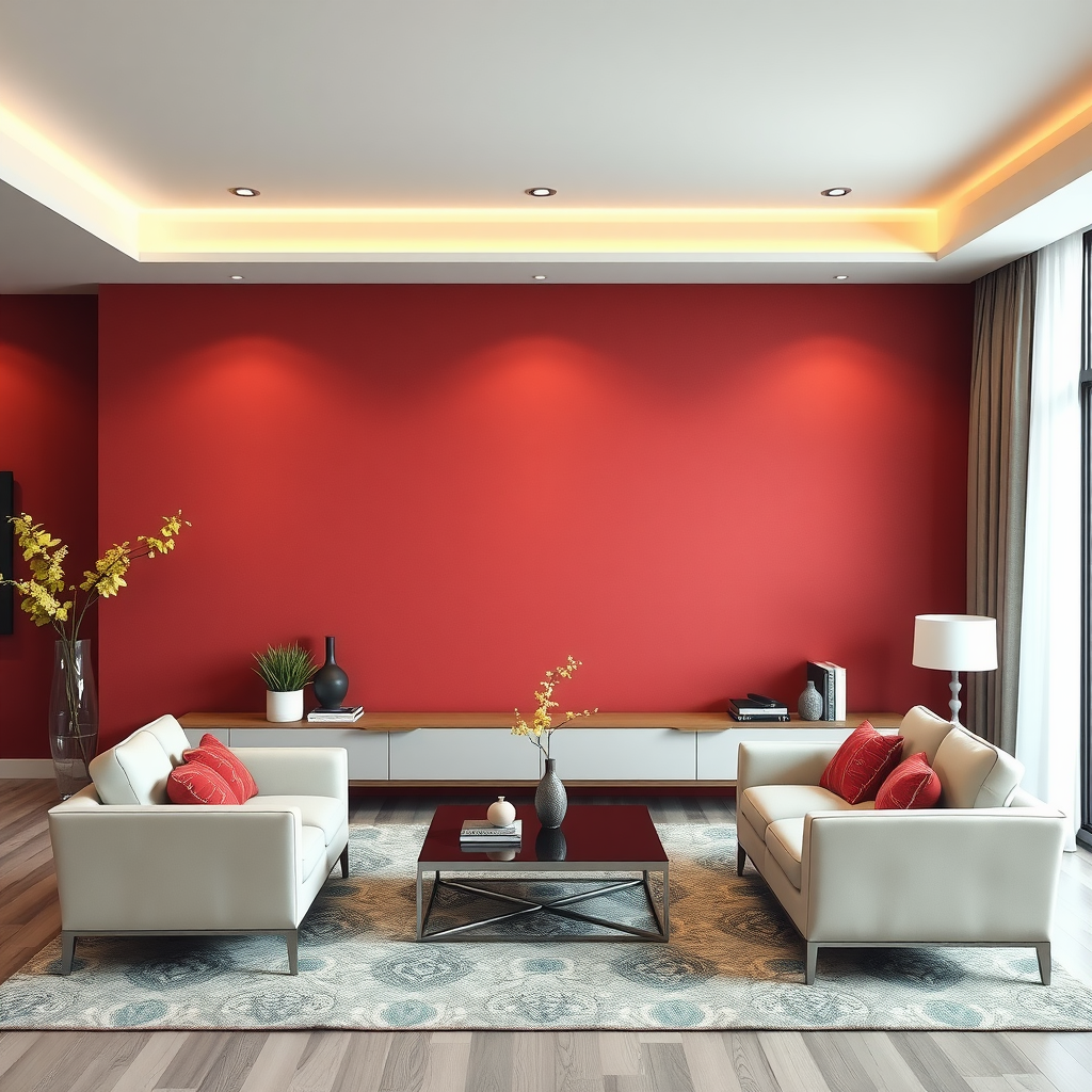 A stylish living room featuring a bold red accent wall, modern furniture, and decorative elements.