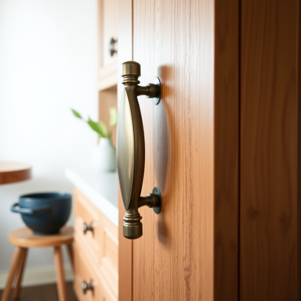 Close-up of a stylish cabinet handle on wooden cabinetry.