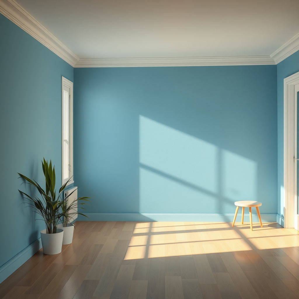 A bright room with blue walls, wooden floor, and a small stool.