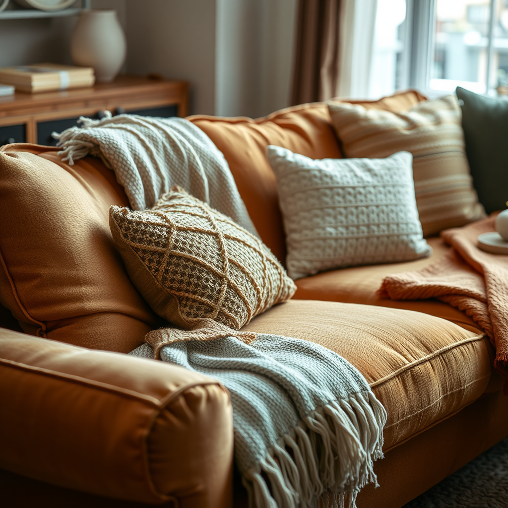 Cozy living room with layered textures including pillows and throws.