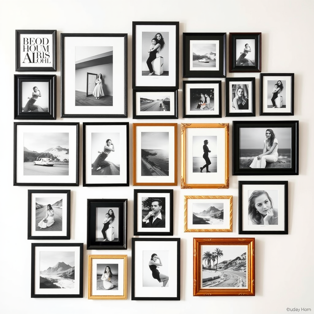 A gallery wall featuring various framed black and white photos in different styles and sizes.