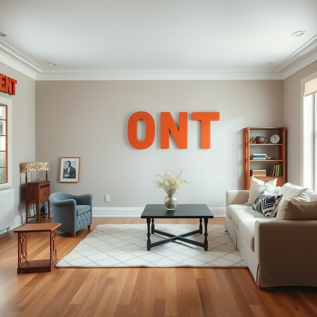 A stylish living room featuring a large, bold letter display on the wall.