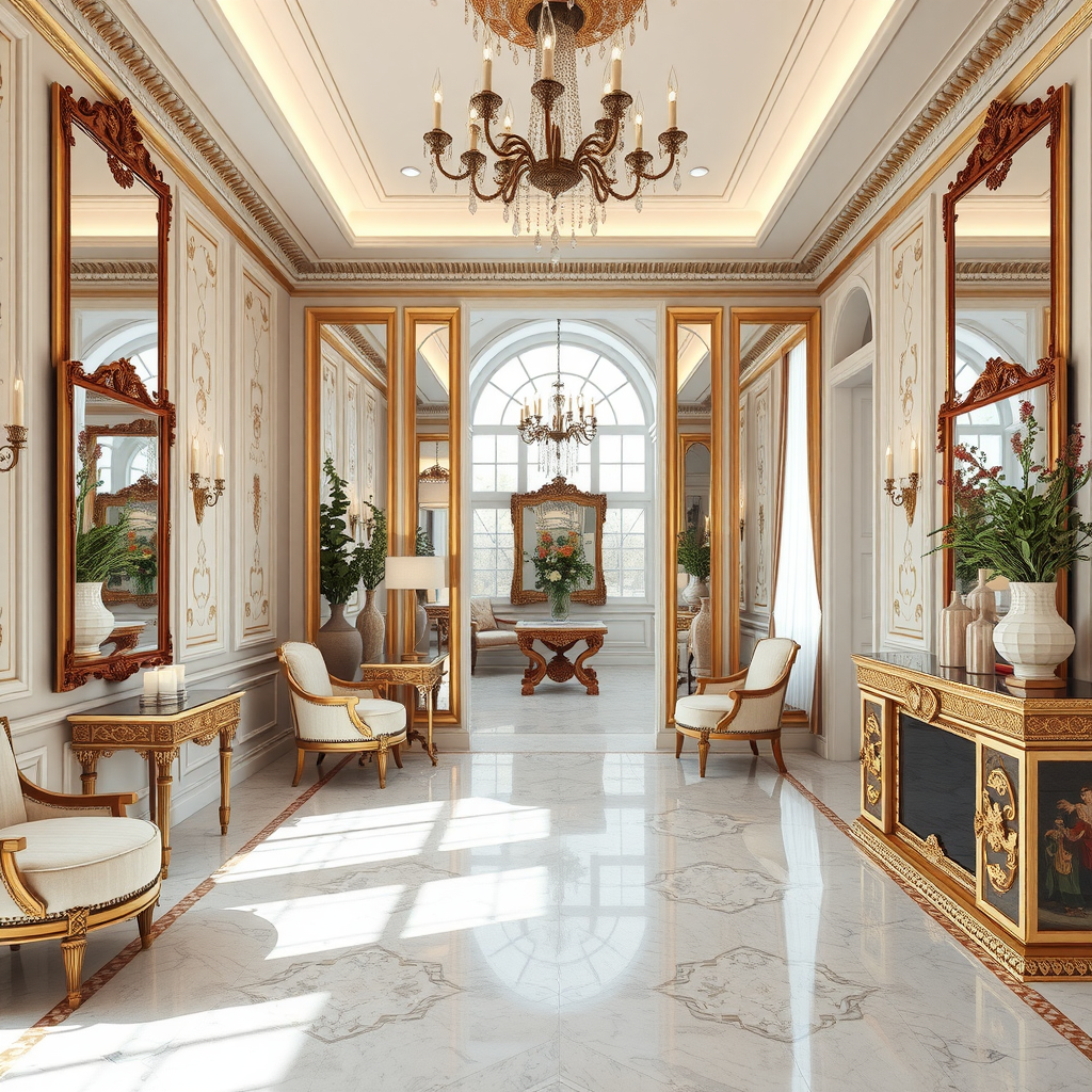 A luxurious hallway with large mirrors and elegant decor, showcasing an illusion of space.