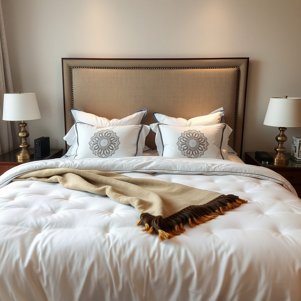 A beautifully arranged bed with decorative pillows and a cozy blanket.