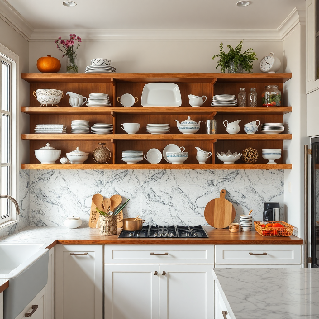 A kitchen with open shelving displaying various dishes and decorative items.