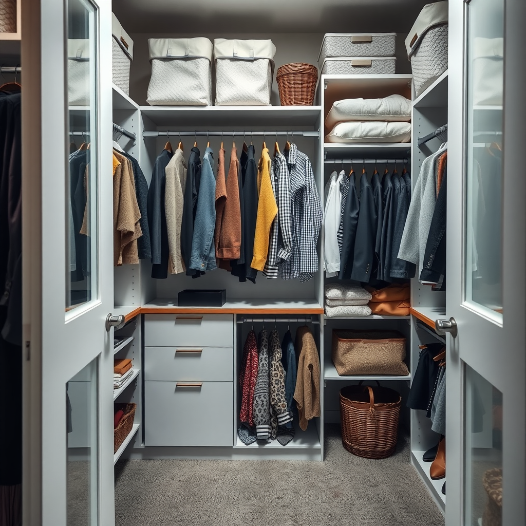 A neatly organized closet with clothes, storage bins, and baskets.