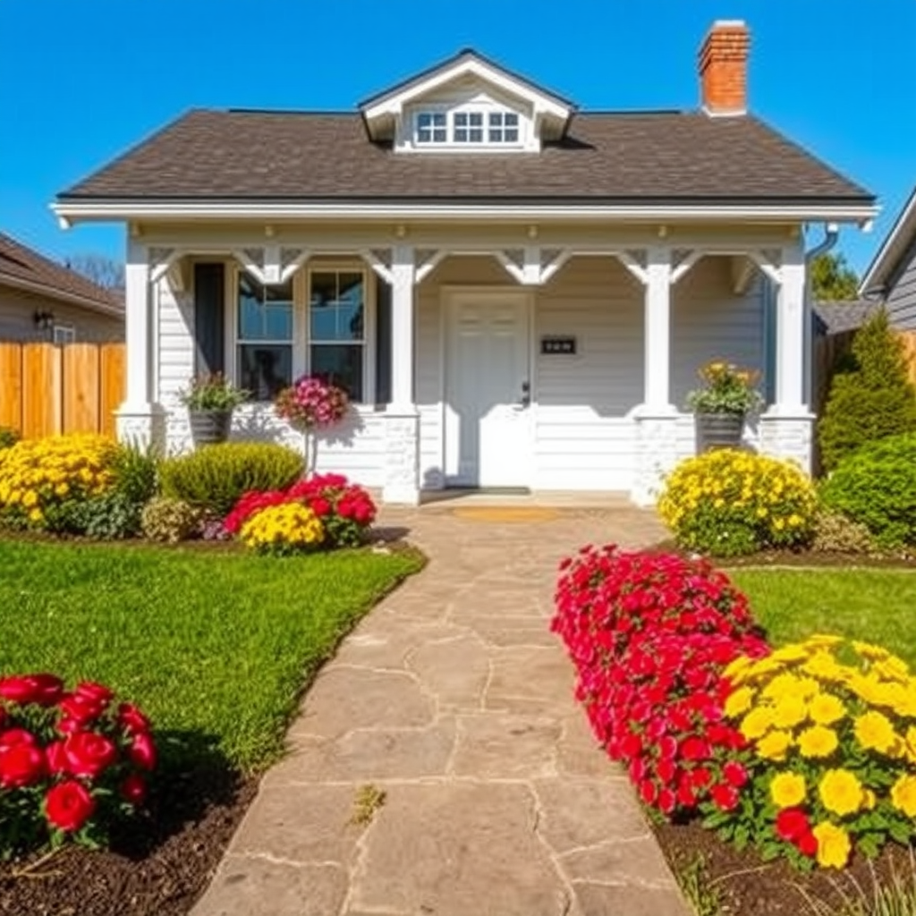 A charming house with vibrant flower beds and a well-maintained pathway.