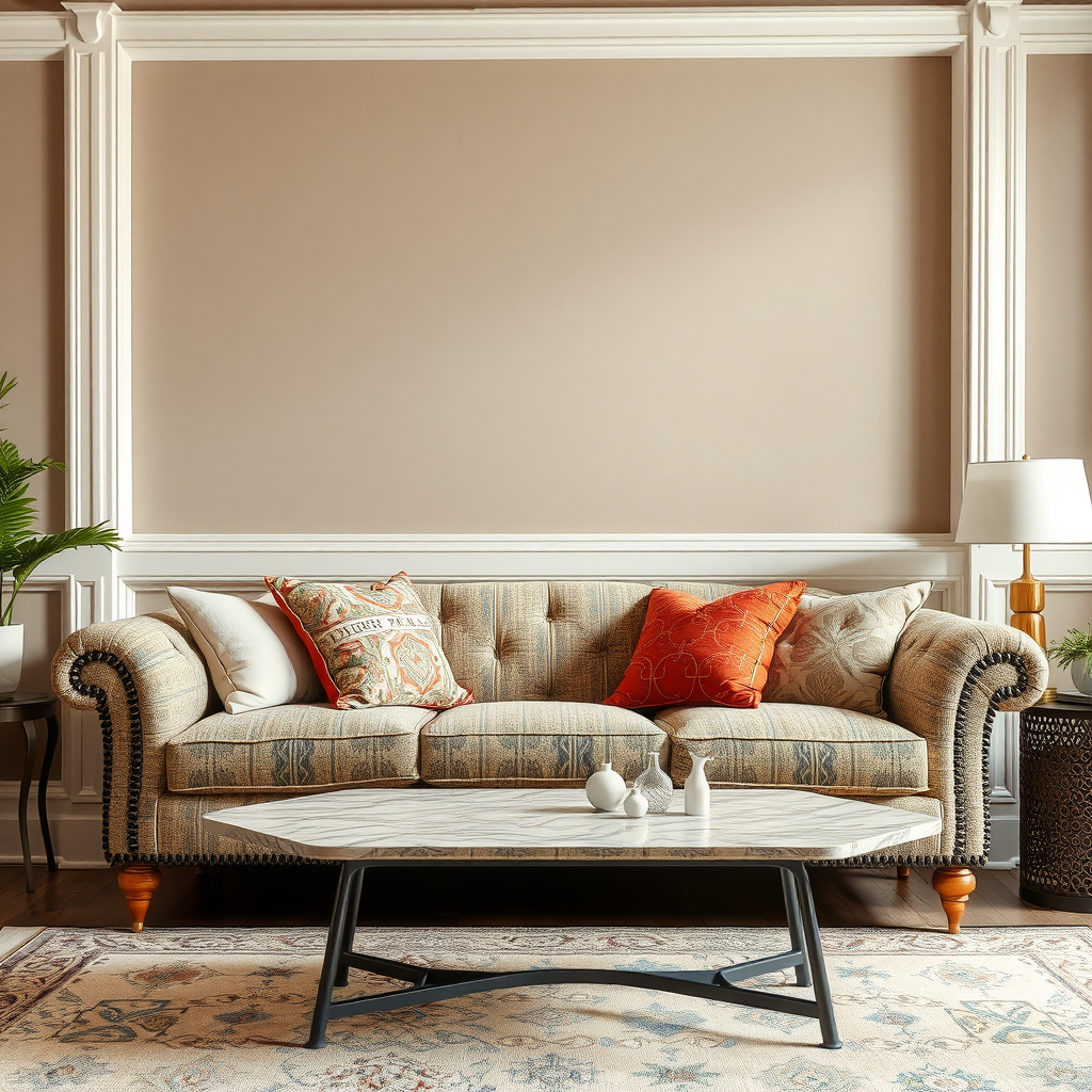 A cozy living room featuring a textured sofa with decorative pillows, a stylish coffee table, and elegant decor.