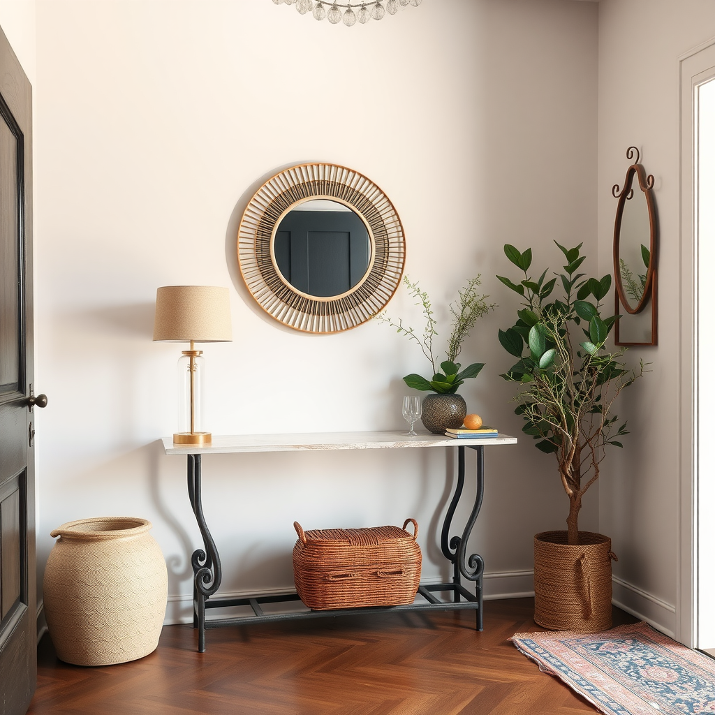 A stylish entryway featuring a console table, lamp, mirror, plants, and decorative baskets.