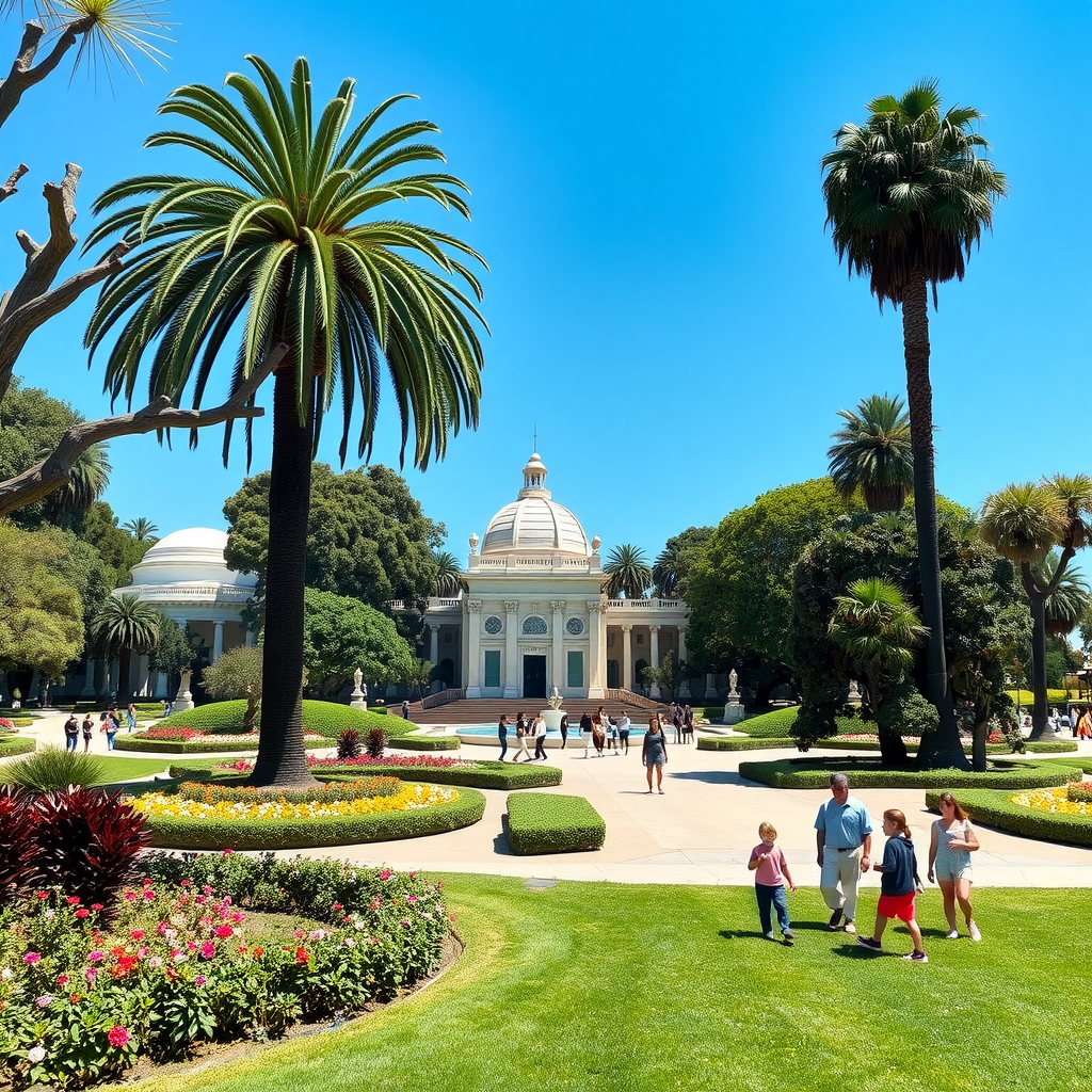 A sunny day at Balboa Park in San Diego, featuring palm trees, blooming flowers, and families enjoying the scenery.