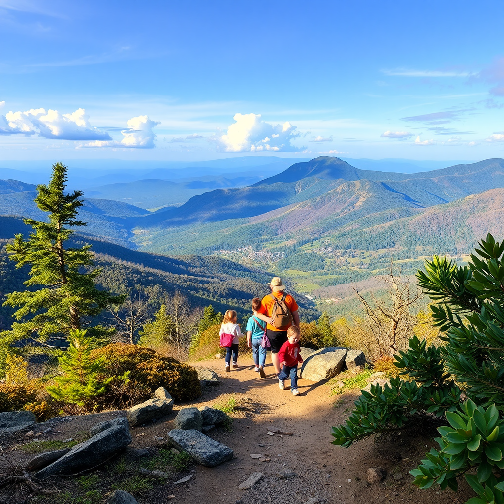 A family hiking in the Great Smoky Mountains with a scenic view in the background.