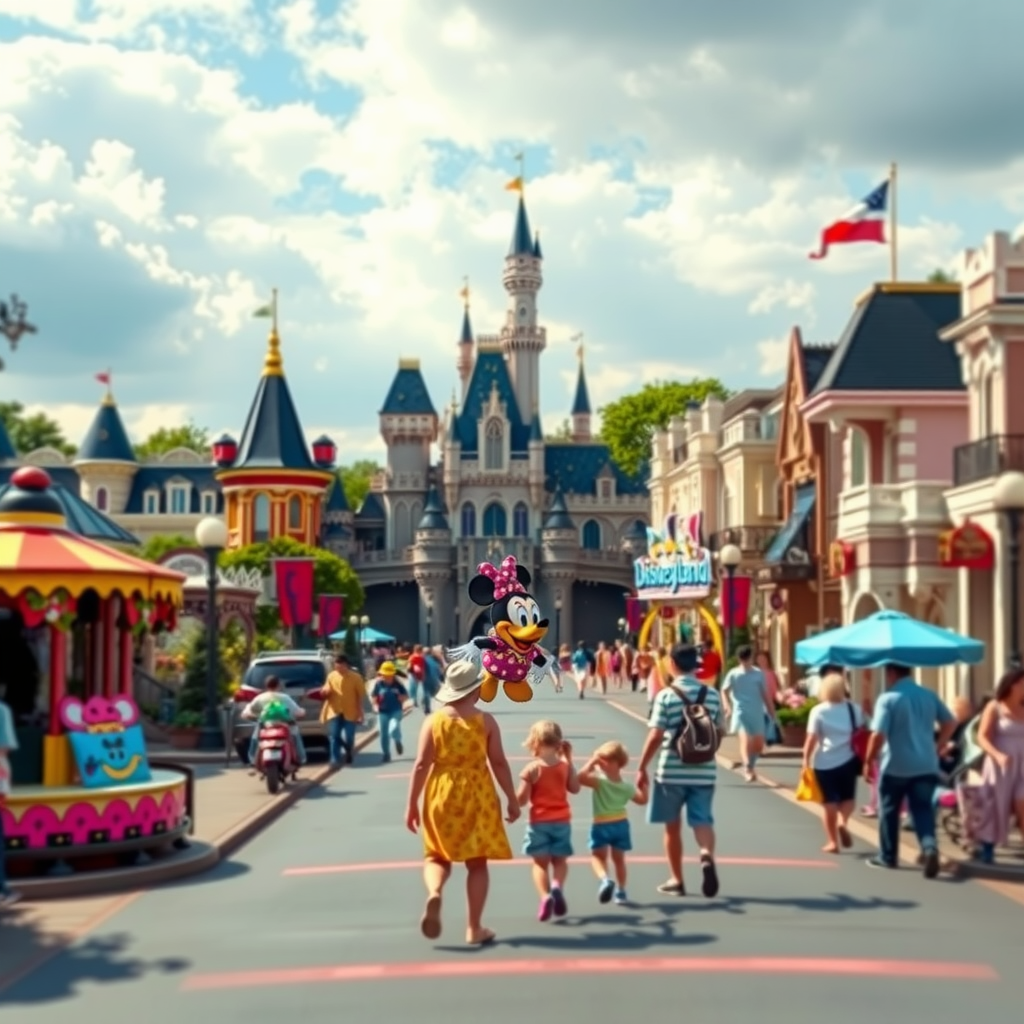 A family walking through Disneyland Resort with Minnie Mouse in the foreground and the castle in the background.