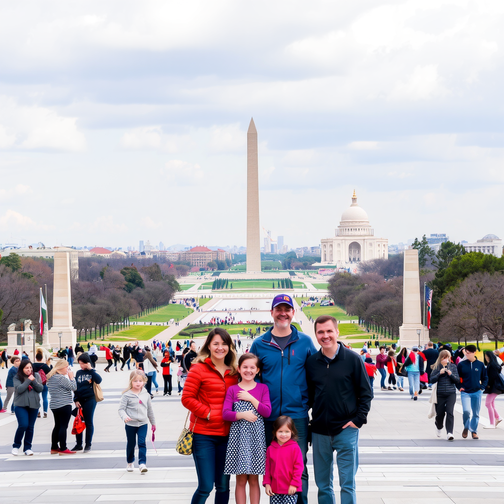 A family at the National Mall in Washington D.C. with the Washington Monument and Lincoln Memorial in view.