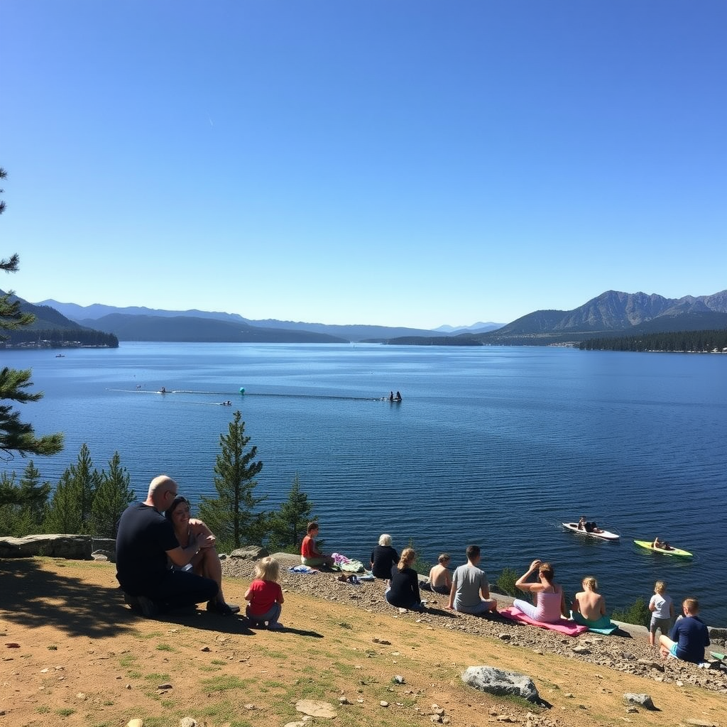 A family enjoying a sunny day by Lake Tahoe with clear waters and mountains in the background.