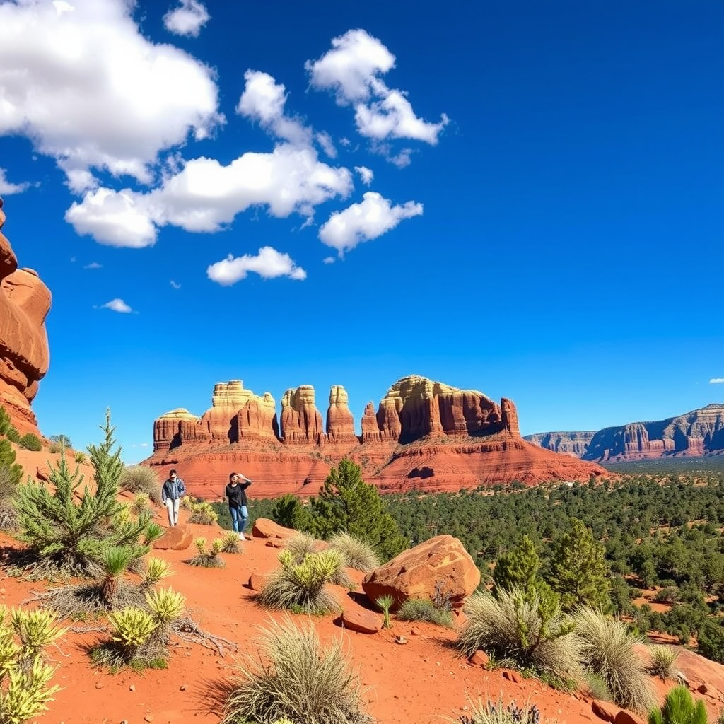 A family walking in Sedona, Arizona, with red rock formations in the background.