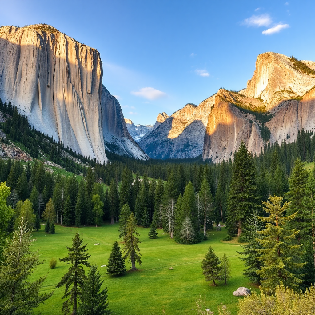 A panoramic view of Yosemite National Park showcasing its iconic cliffs and lush green valley under a clear blue sky.