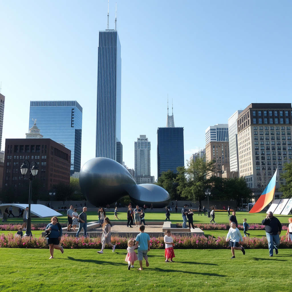 A lively scene in Millennium Park with families enjoying the outdoors and the Cloud Gate sculpture in the background.