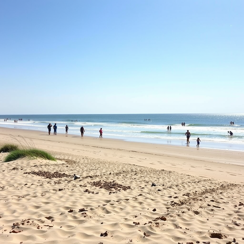 A sunny beach at the Outer Banks, North Carolina with people enjoying the sand and surf.