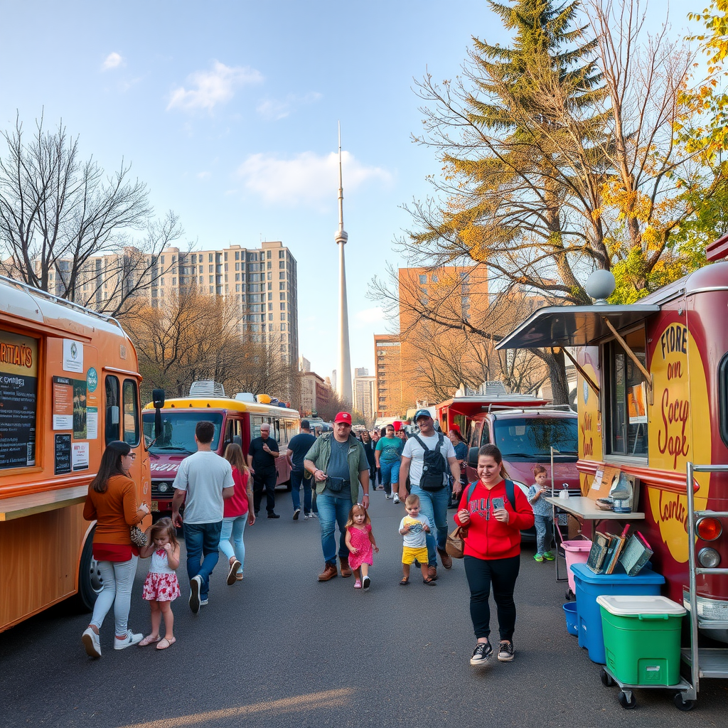 Families enjoying a bustling food truck scene in Portland, Oregon