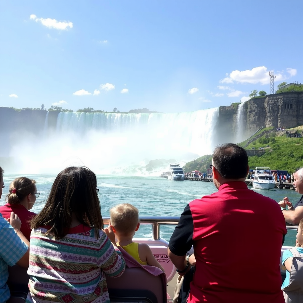 A red boat with passengers on the water near Niagara Falls, showcasing the powerful waterfall in the background.