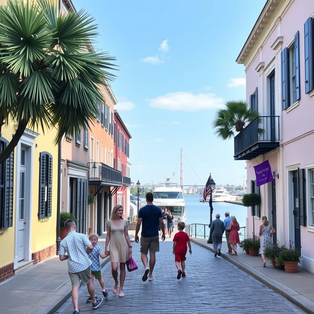 A family walking along a palm-lined street in Charleston, South Carolina.