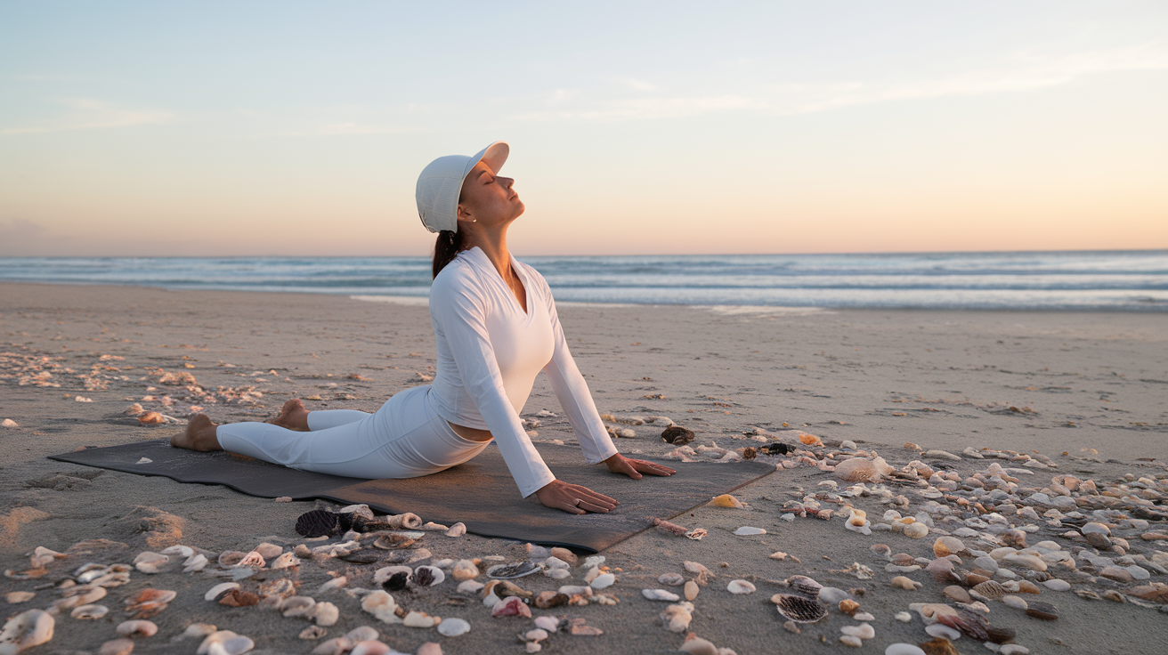 Person practicing yoga on the beach at sunrise, surrounded by seashells