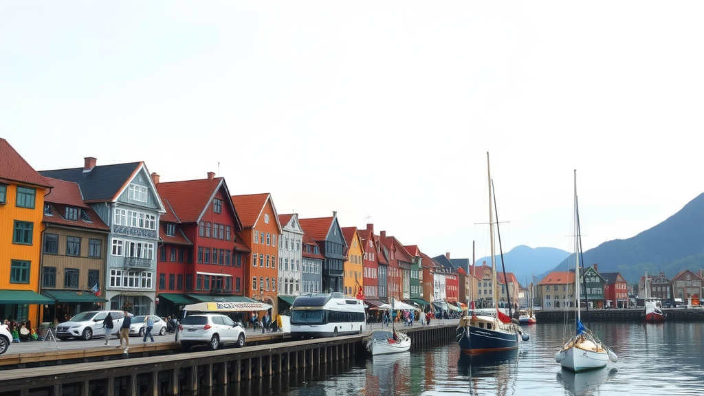 A picturesque view of Bryggen Wharf in Bergen with colorful wooden buildings and boats along the waterfront.