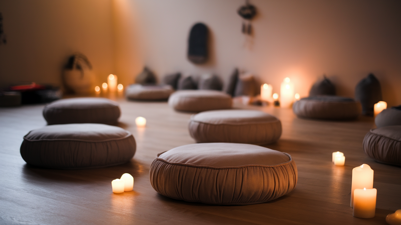 A tranquil meditation space with cushions and candles, promoting mindfulness.