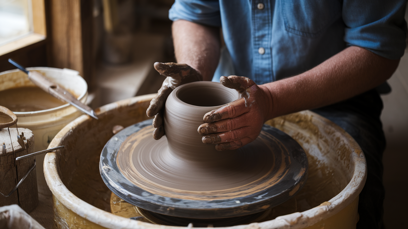 A person shaping clay on a potter's wheel, hands covered in clay, in a pottery studio.