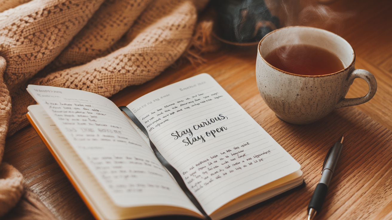 A cozy setting featuring an open journal with 'Stay curious, stay open' written inside, a cup of steaming tea, and a pen on a wooden table.