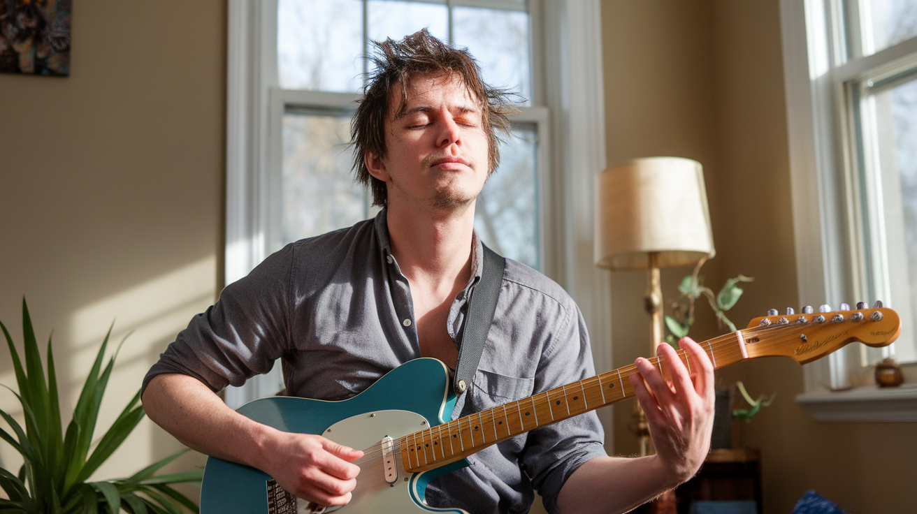 A person playing an electric guitar with closed eyes, enjoying the music in a sunlit room.