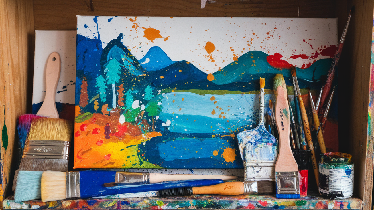 A colorful painting setup with brushes and a vibrant landscape canvas.