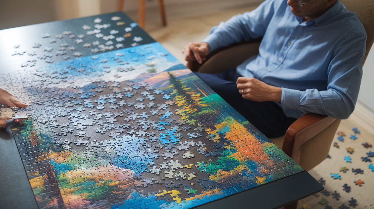 An individual working on a colorful puzzle with various pieces scattered around.