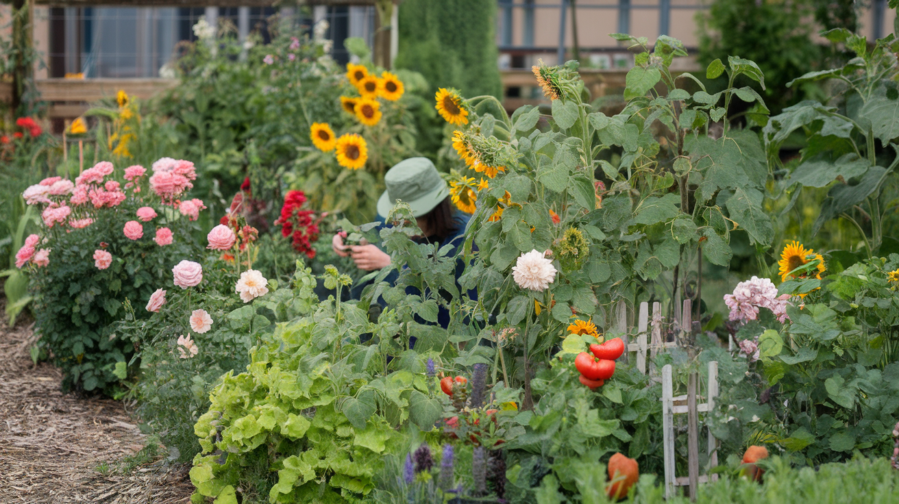 A person gardening amidst a colorful array of flowers, including sunflowers and pink roses.