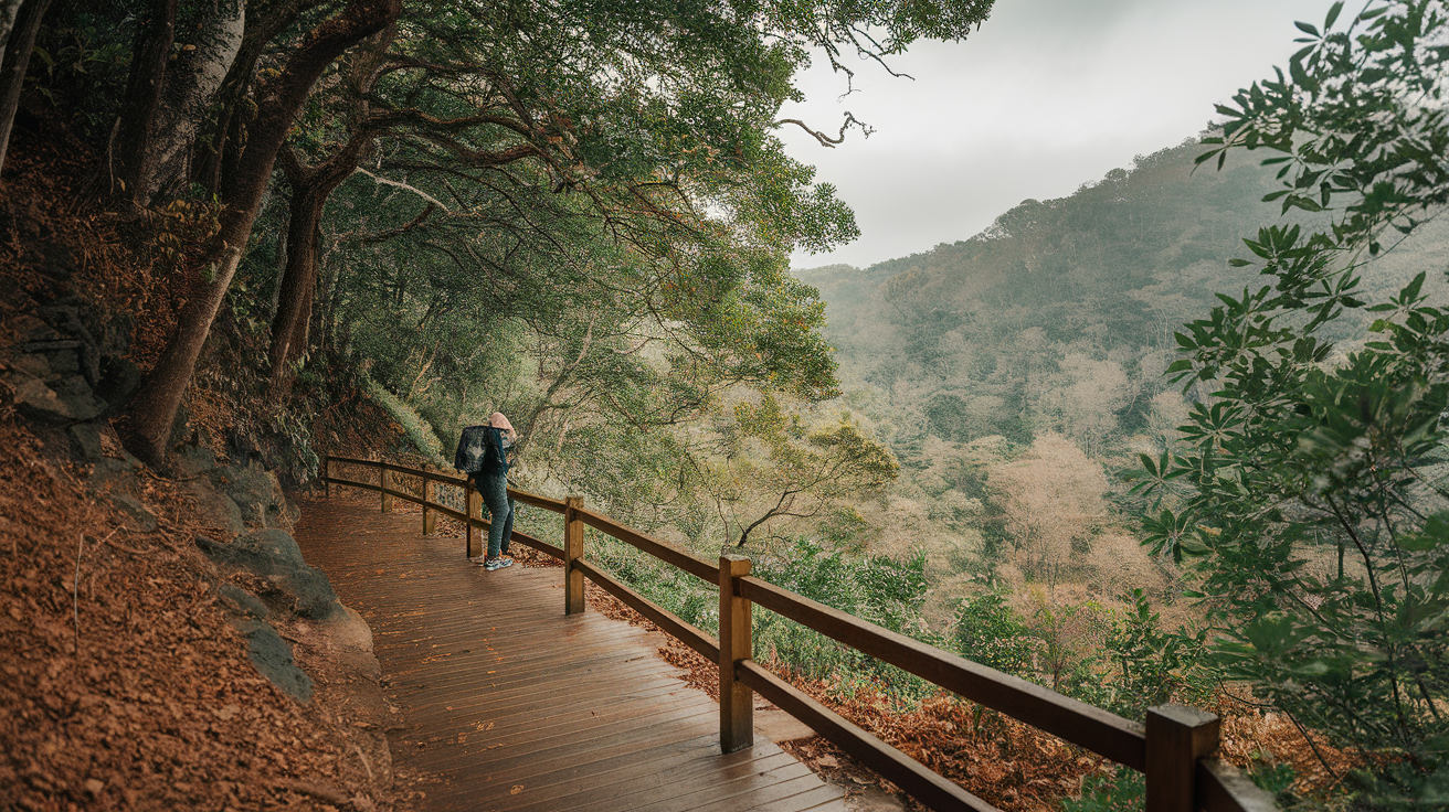 A person hiking on a wooden path surrounded by trees and greenery.