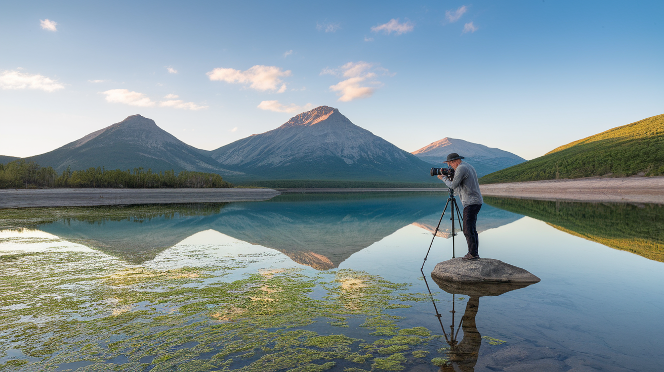 A photographer capturing a landscape with mountains and a lake.