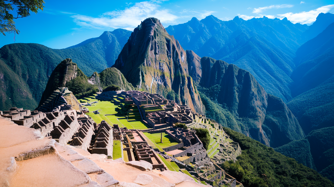 A panoramic view of Machu Picchu set against the backdrop of the Andes mountains