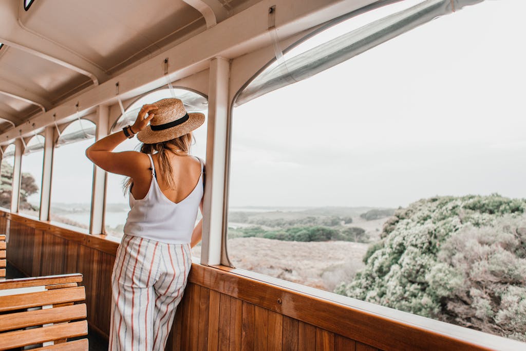 A woman in a hat enjoys a scenic train ride, gazing at the countryside view.