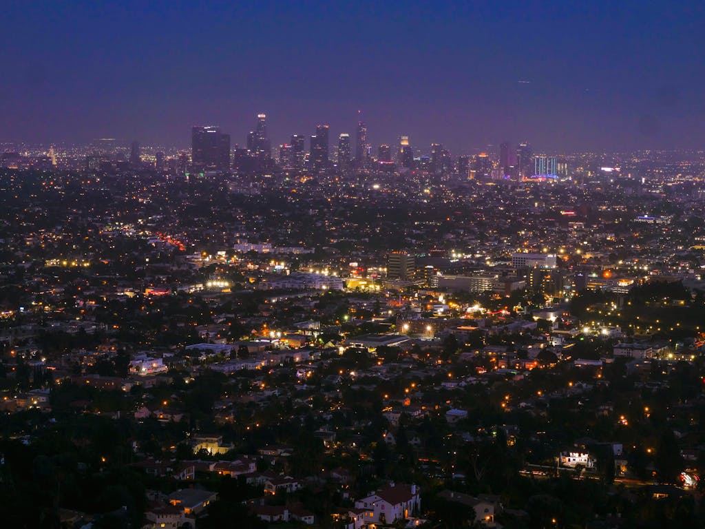 Aerial view of Los Angeles city lights and skyline at night, capturing urban beauty.