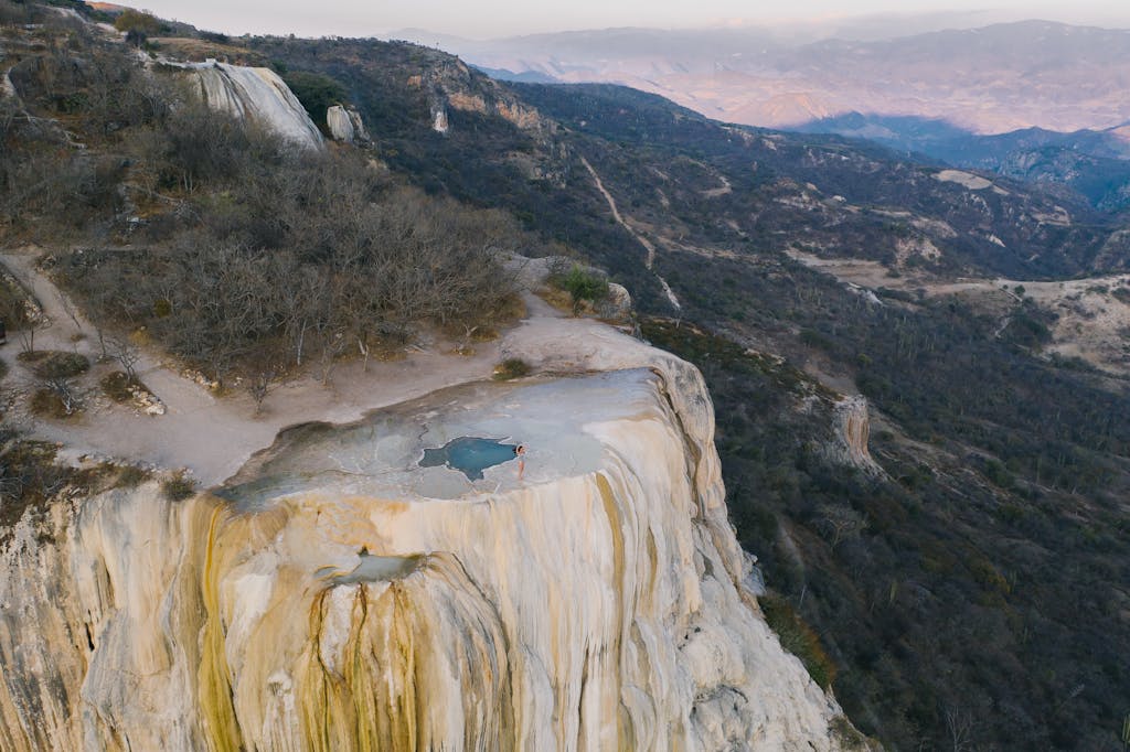 Aerial view of the natural rock formations and water pools at Hierve el Agua, Oaxaca.