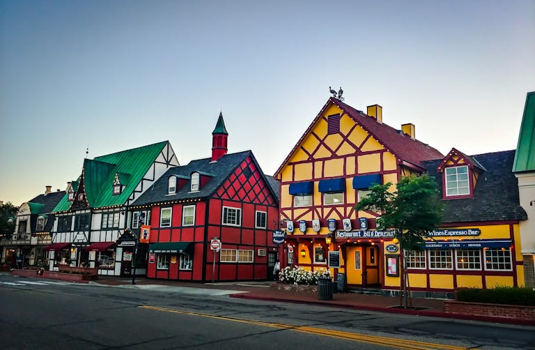 Colorful Danish-style buildings in the quaint village of Solvang, California.