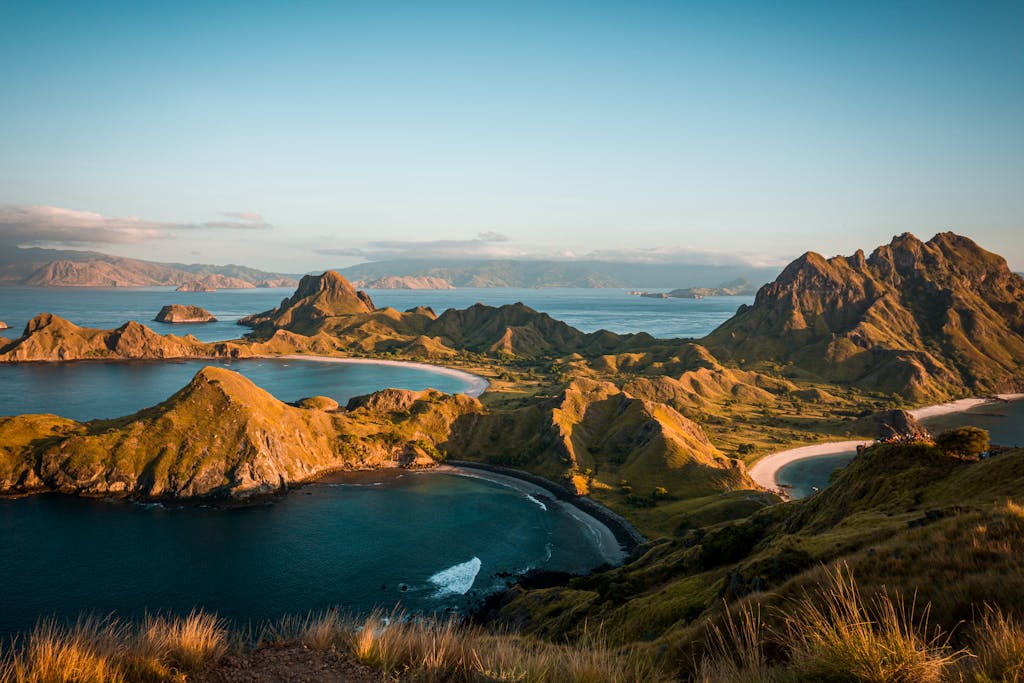 Explore the stunning aerial view of Padar Island's coastline in East Nusa Tenggara, Indonesia.