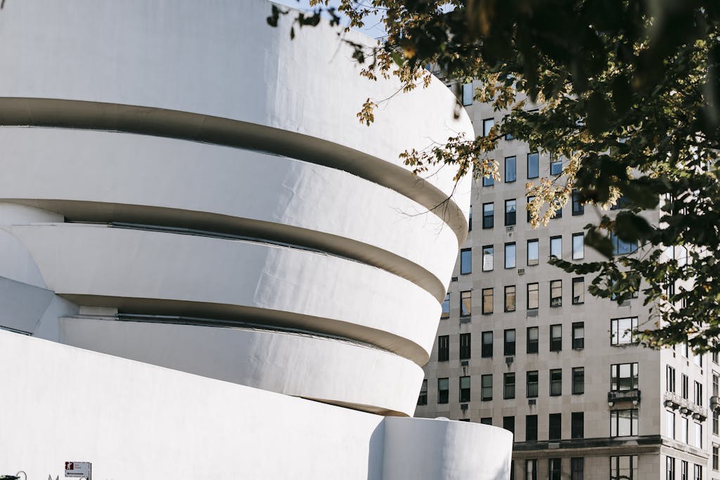 Exterior of museum modern and contemporary art with rounded walls located near residential building and green tree in city street