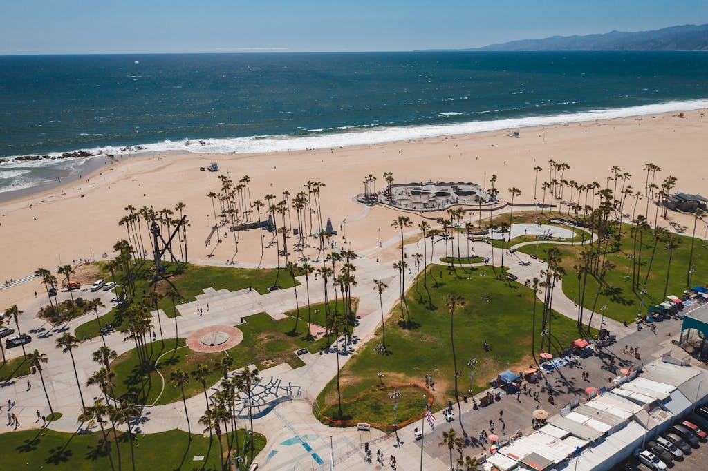 High-altitude shot of Venice Beach with palm trees and skate park on a sunny day.